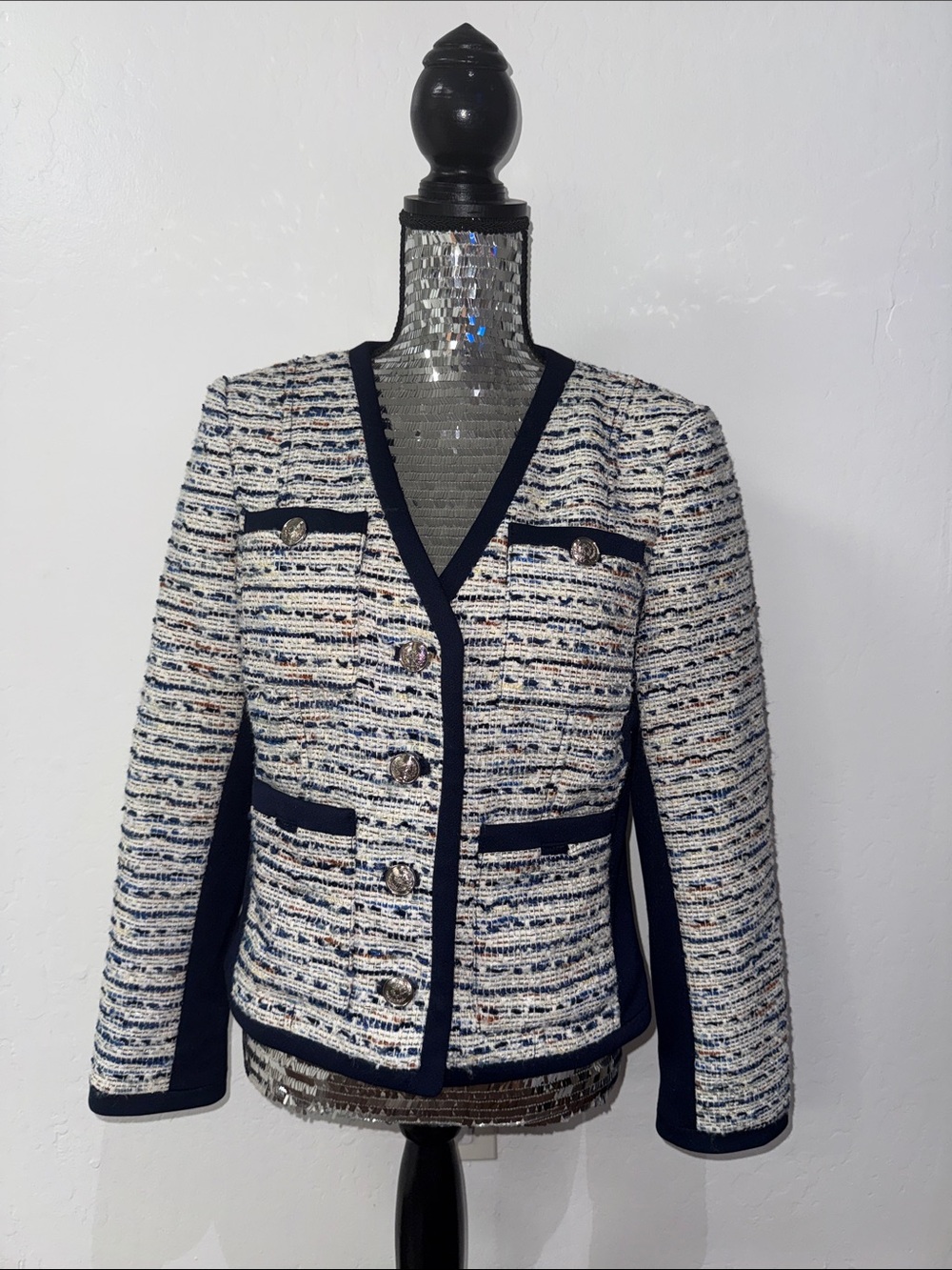 White House Black Market Navy-Trim Multicolor Tweed Blazer